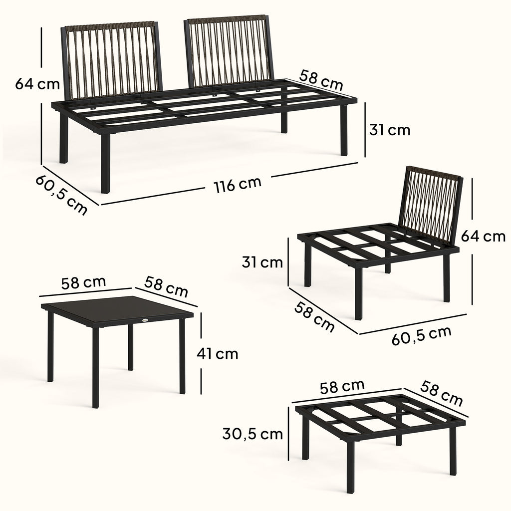 Solarias Salon de jardin extérieur d'angle modulable 6 personnes, table basse avec plateau en verre trempé, gris clair