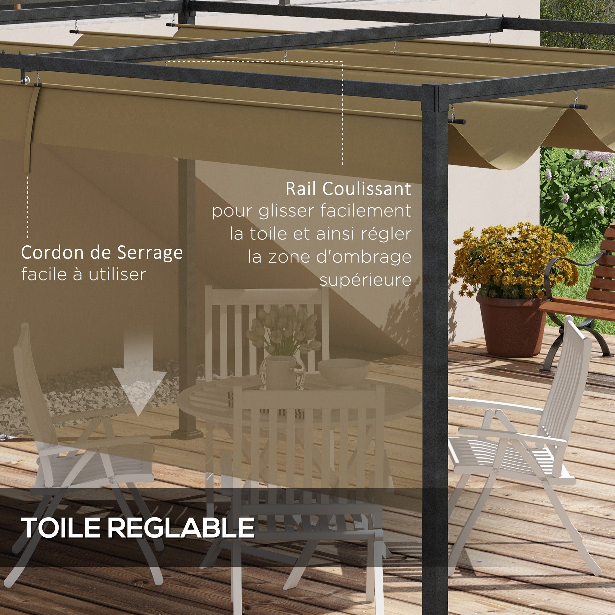 Solarias Pergola coulissante Pergola rétractable 3 x 2 m structure métal époxy anticorrosion toile polyester 180 g/m² kaki