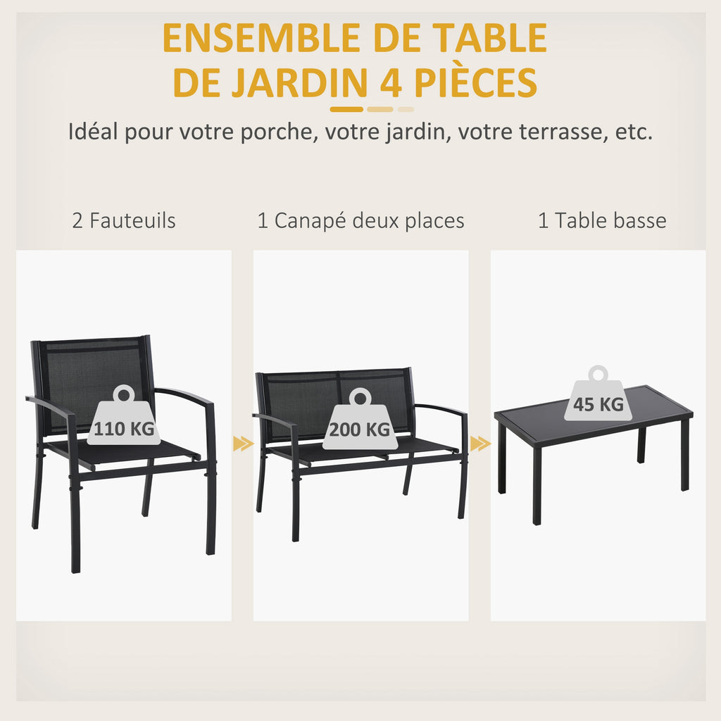 Solarias Salon de jardin extérieur 4 pièces avec canapé 2 places, 2 chaises et table basse en verre trempé, coussins inclus,