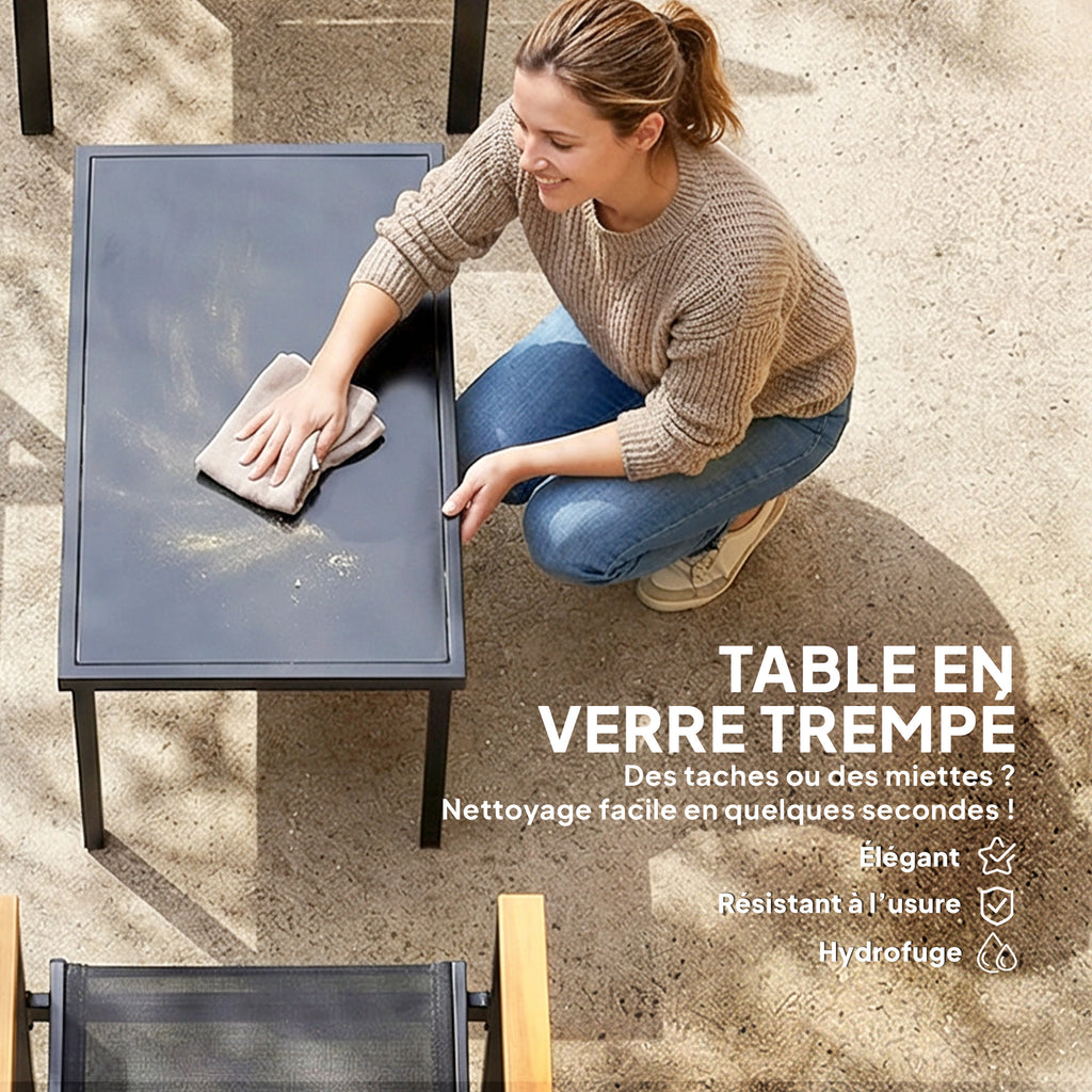 Solarias Salon de jardin extérieur 4 pièces avec canapé 2 places, 2 chaises et table basse en verre trempé, noir