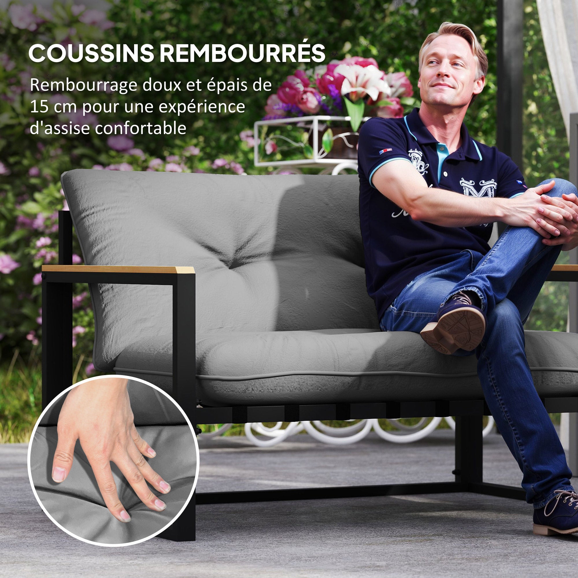 Solarias Salon de jardin extérieur 4 personnes avec canapé, 2 fauteuils et table basse en verre trempé, coussins inclus, gri