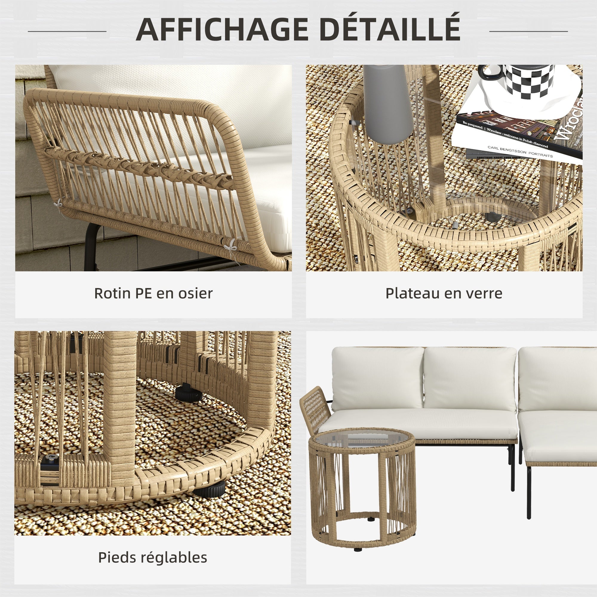 Solarias Salon de jardin extérieur d'angle 3 places en résine tressée avec canapés, chaise longue, table basse et coussins, 