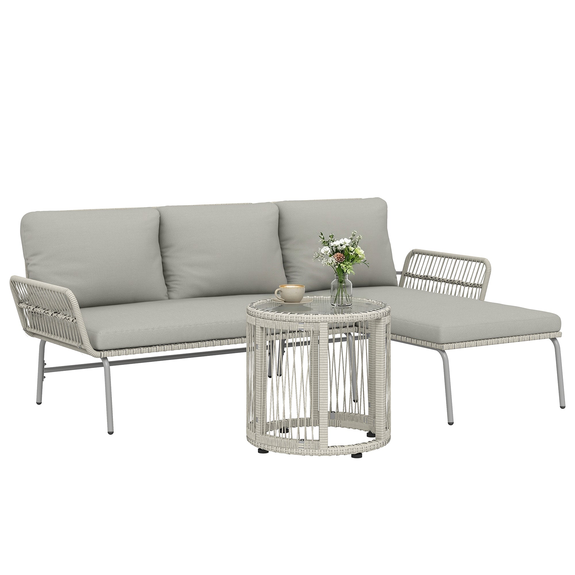 Solarias Polyrattan Set de meubles de jardin 3 pièces, salon avec chaiselongue canapé 2 places table en verre coussins amovi
