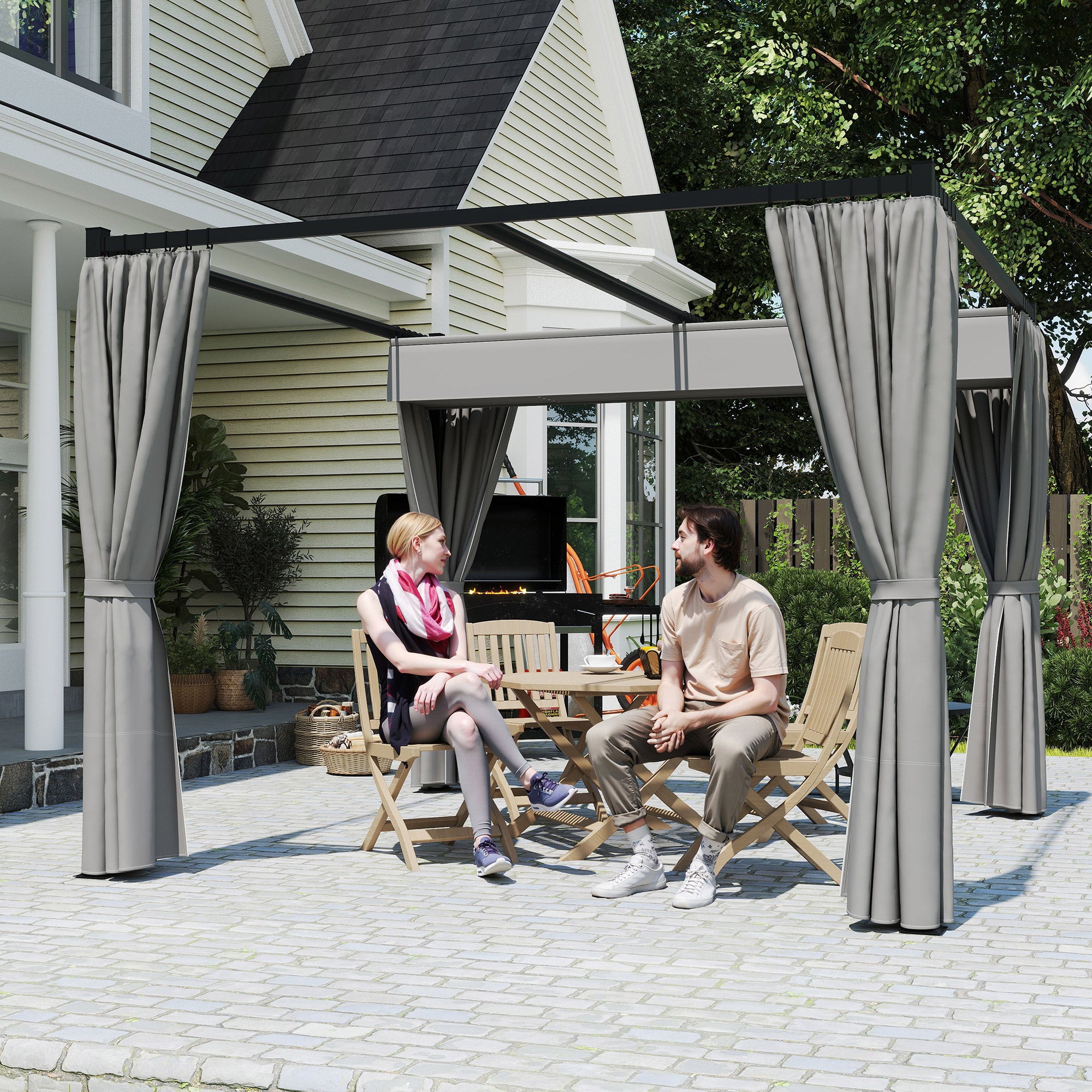 Solarias Pergola de Jardin avec Toit Rétractable et Rideaux, en Métal et Polyester, 300x300x227 cm, Gris clair