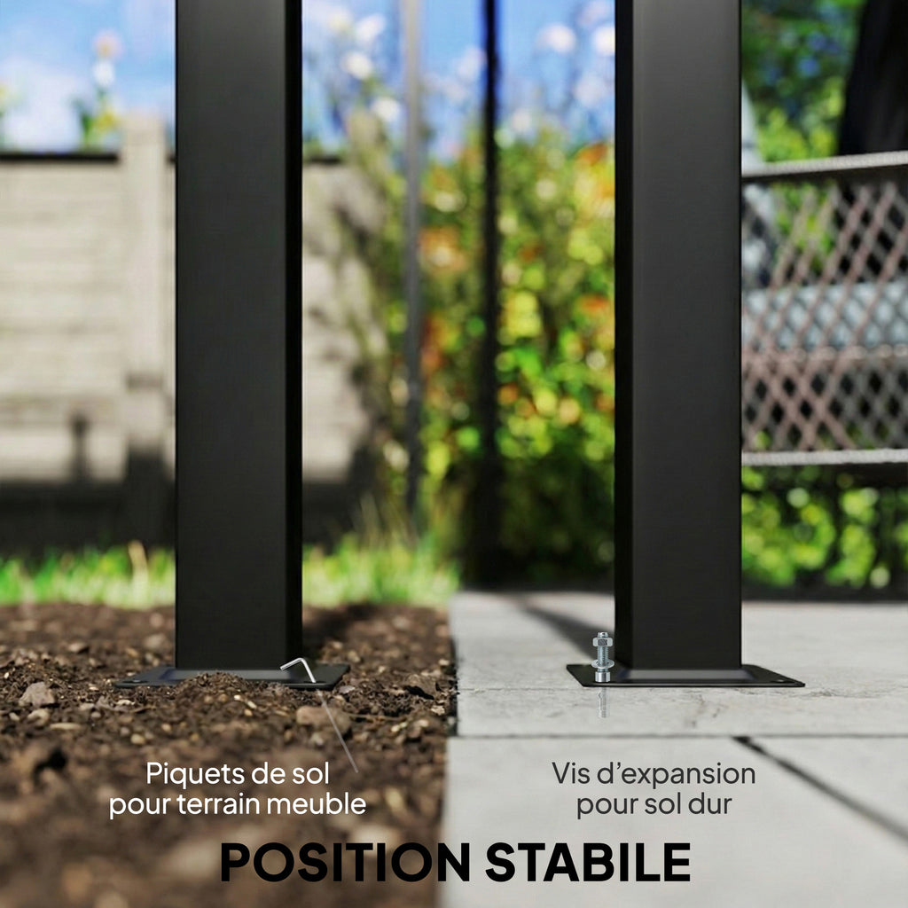 Solarias Pergola avec 3 toiles coulissantes 3 x 3 x 2,38 m structure acier noir toile polyester haute densité beige