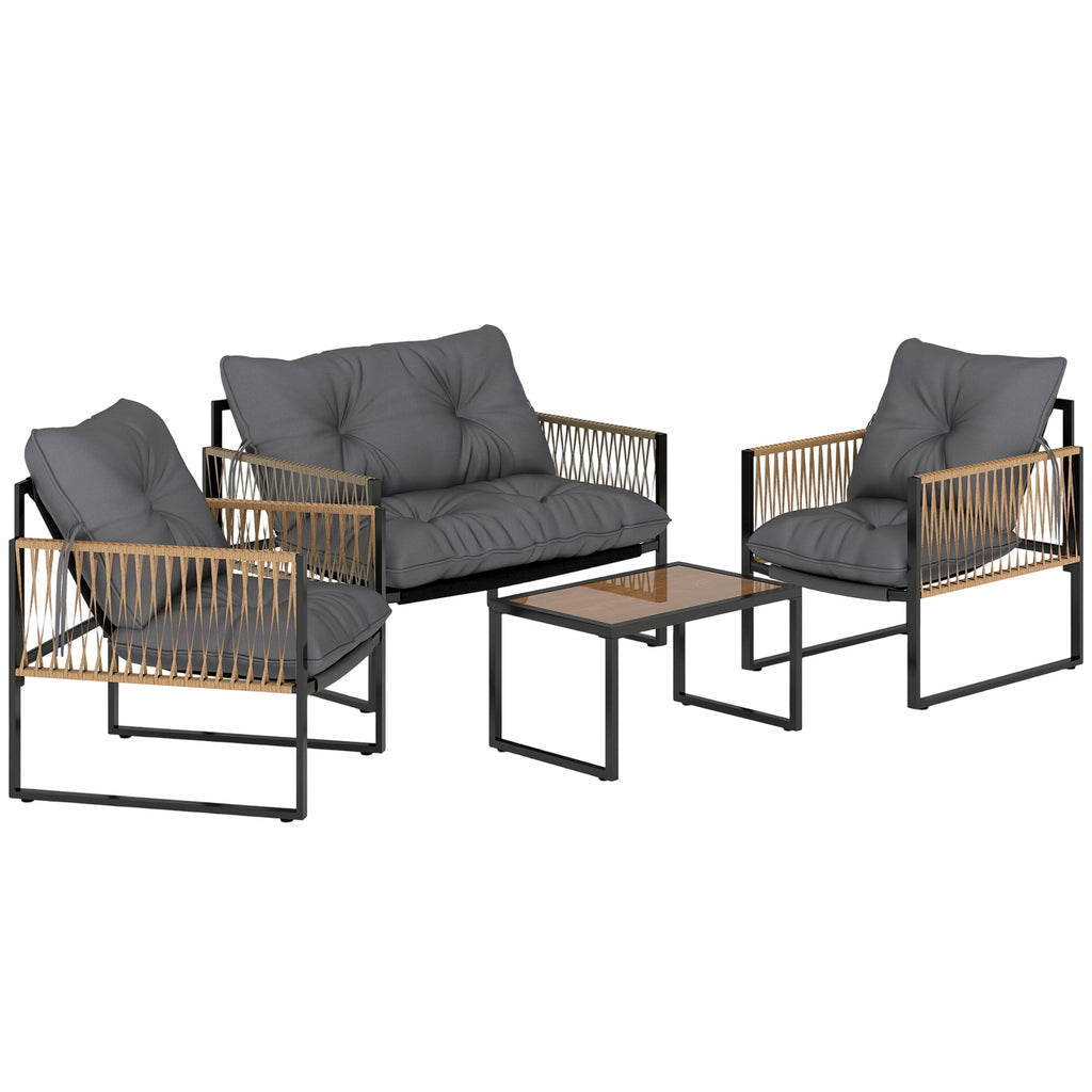 Solarias Ensemble salon de jardin 4 pièces canapé 2 places 2 fauteuils et 1 table basse plateau verre trempé 3 coussins - gr