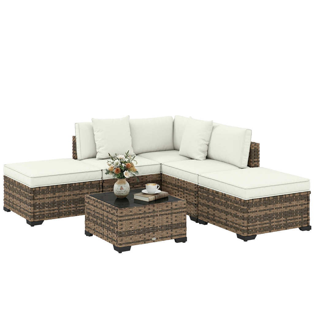 Solarias Salon de jardin extérieur d'angle 5 places en résine tressée, canapés, repose-pieds, table basse et coussins, crème