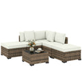 Solarias Salon de jardin extérieur d'angle 5 places en résine tressée, canapés, repose-pieds, table basse et coussins, crème