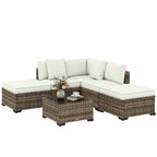 Solarias Salon de jardin extérieur d'angle 5 places en résine tressée, canapés, repose-pieds, table basse et coussins, crème