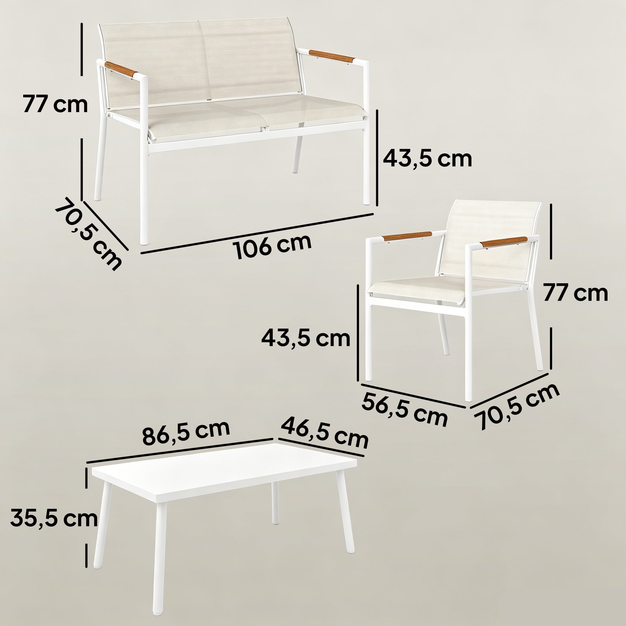 Solarias Salon de Jardin 4 Pièces en Textilène, Canapé, 2 Fauteuils, Table Basse avec Plateau en Métal, 106x70,5x77cm, Crème