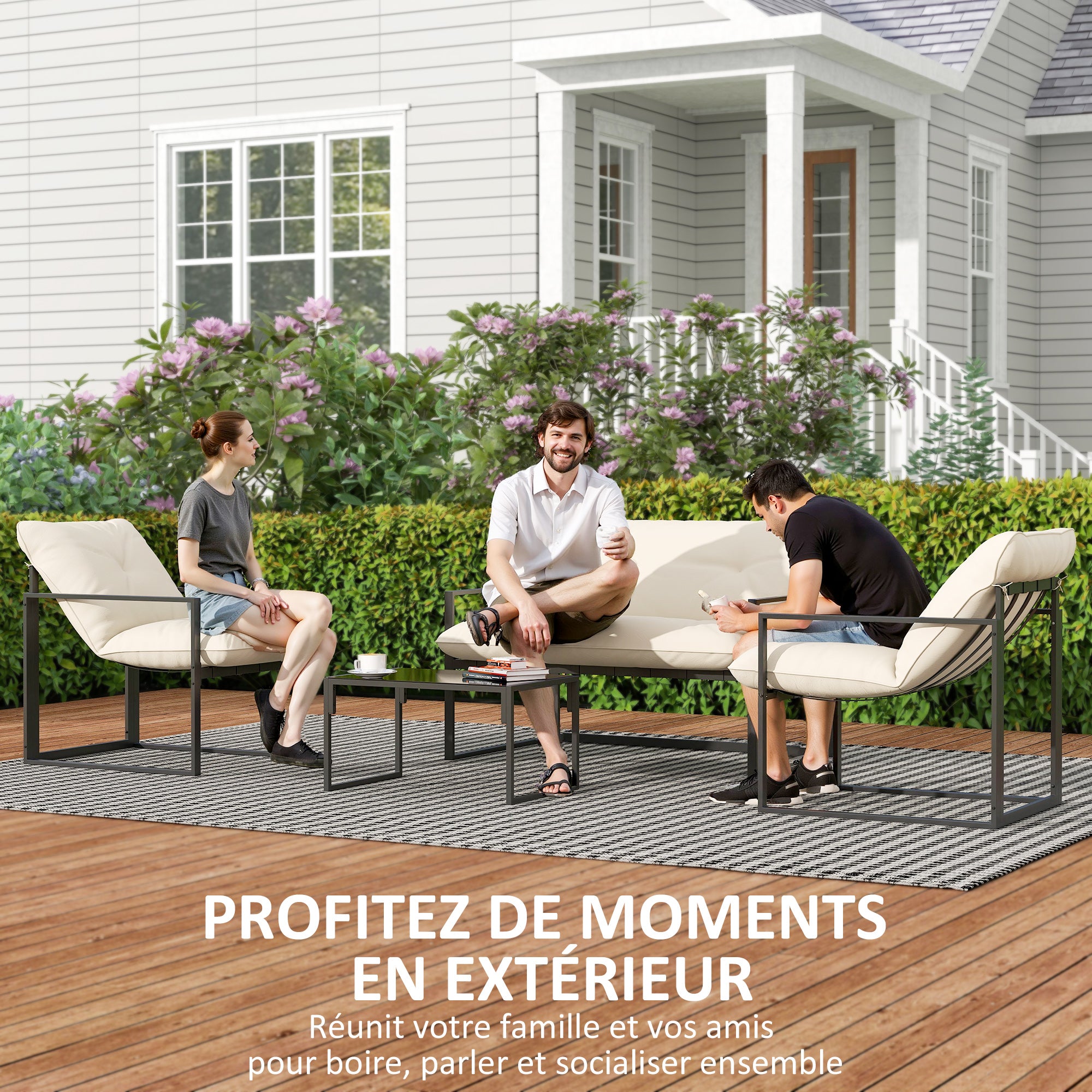 Solarias Salon de jardin 4 pièces 4 personnes avec canapé 2 places, 2 fauteuils et 1 table basse gris