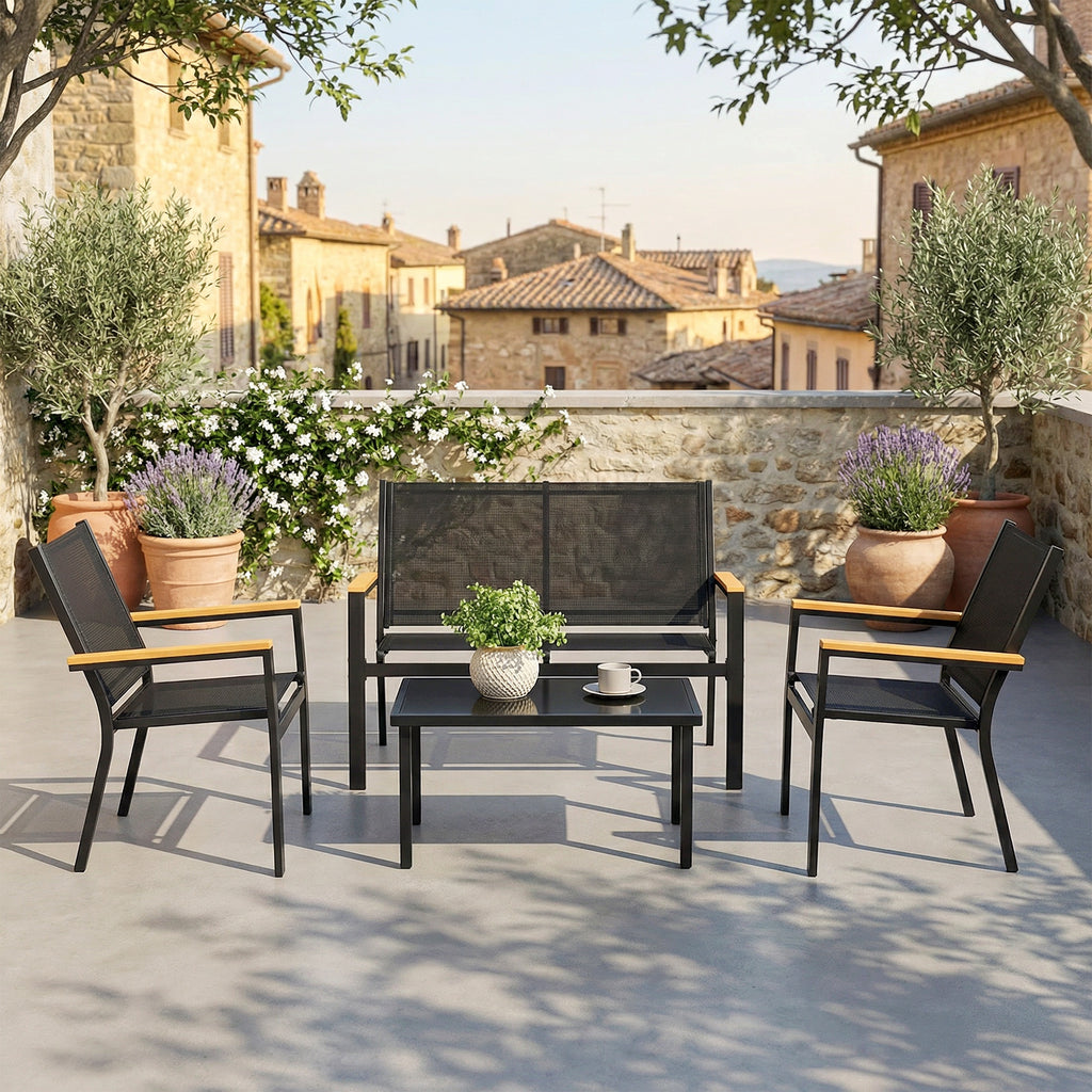 Solarias Salon de jardin extérieur 4 pièces avec canapé 2 places, 2 chaises et table basse en verre trempé, noir