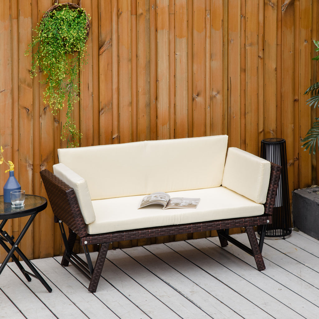 Solarias Canapé lit de jardin extensible 3 places grand confort 4 coussins écru inclus résine tressée imitation rotin chocol