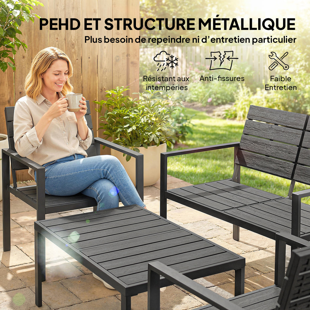 Solarias Salon de jardin extérieur 4 pièces canapé 2 places, 2 chaises et table basse, mobilier de jardin terrasse veranda, 