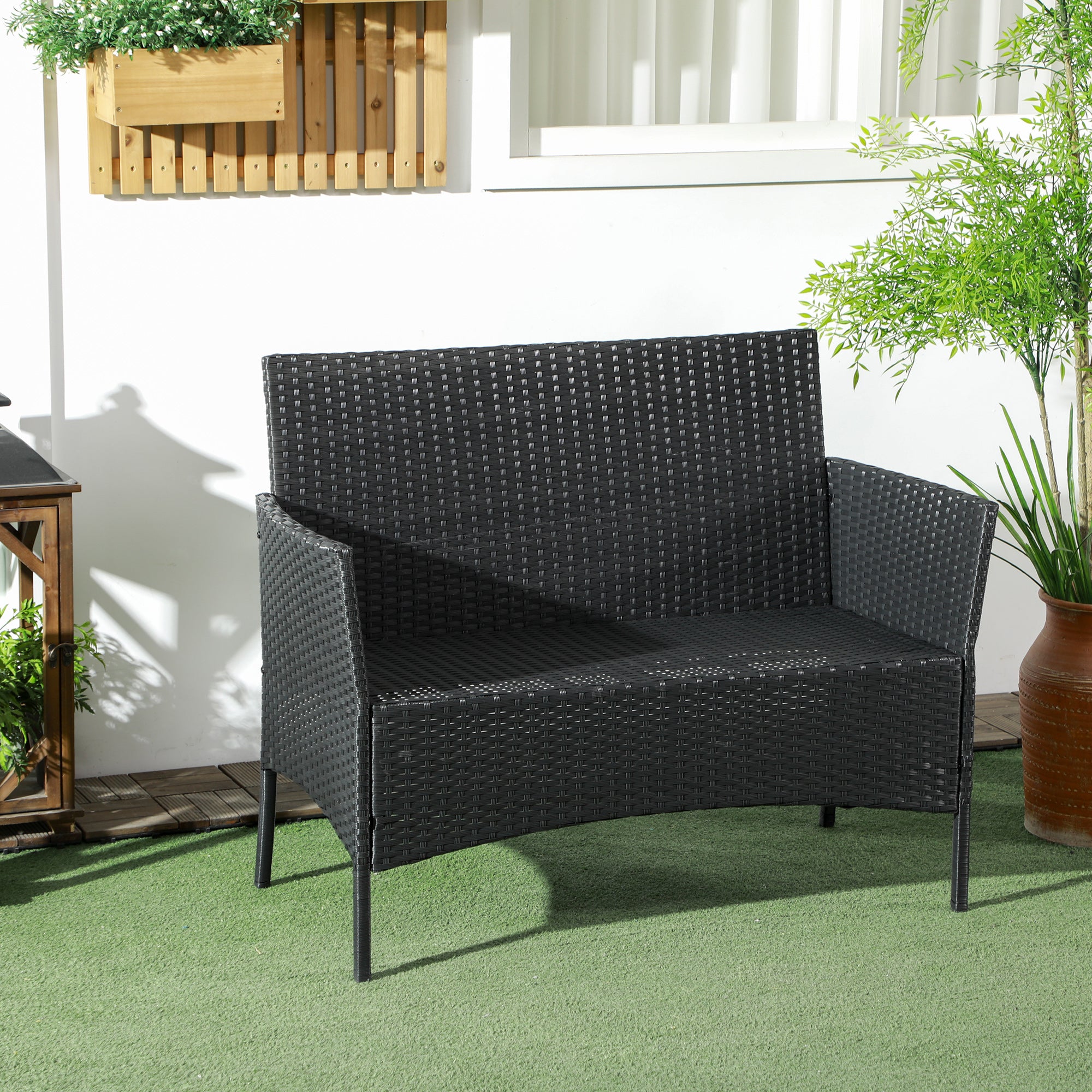 Solarias Canapé de Jardin à 2 Places avec Coussin et Accoudoirs en Rotin PE et Acier, 100x54x80cm, Noir