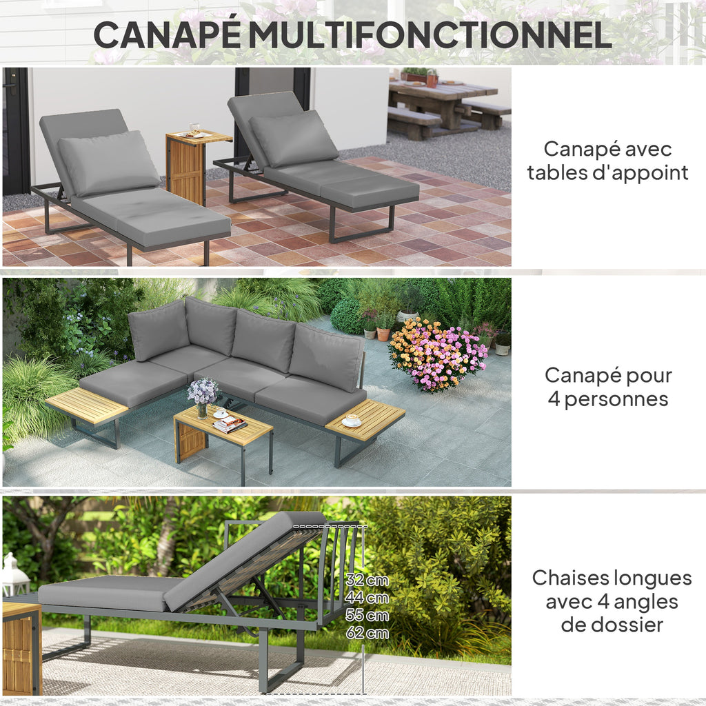 Solarias Ensemble de meubles de jardin modulable en bois d'acacia 6 places, salon de jardin d'angle avec table, gris