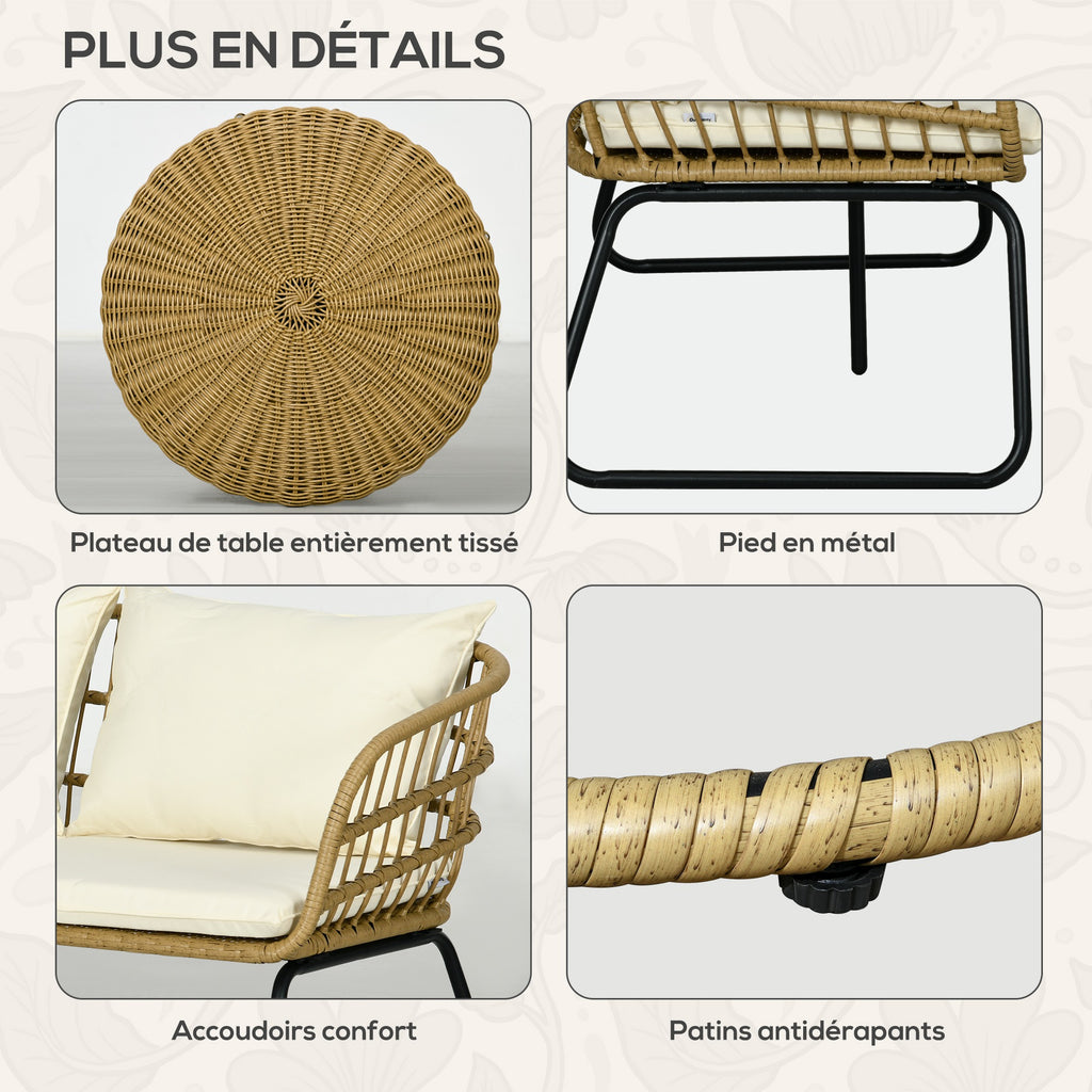Solarias Ensemble salon de jardin meubles d'extérieur 4 places 2 fauteuils 1 canapé 2 places et 2 tables basses coussins inc