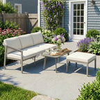 Solarias Ensemble de Jardin Extérieur de 3 Pièces avec Canapé 3 Places Repose-pieds Table Basse et Coussins Marron et beige
