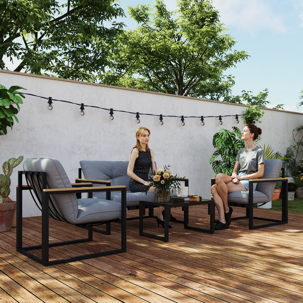 Solarias Salon de jardin extérieur 4 personnes avec canapé, 2 fauteuils et table basse en verre trempé, coussins inclus, gri