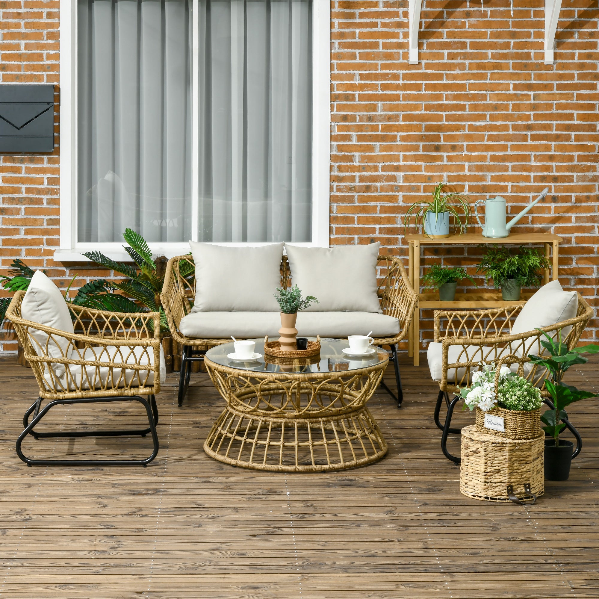 Solarias Salon de jardin 4 pièces en résine tressée canapé 2 places + 2 fauteuils + 1 table basse sable et crème