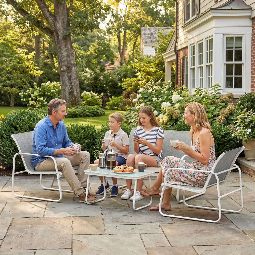 Solarias Ensemble Jardin Extérieur 4 Pièces avec Canapé 2 Places 2 Fauteuils Table en Verre Trempé Tissu Textilene Gris Clar