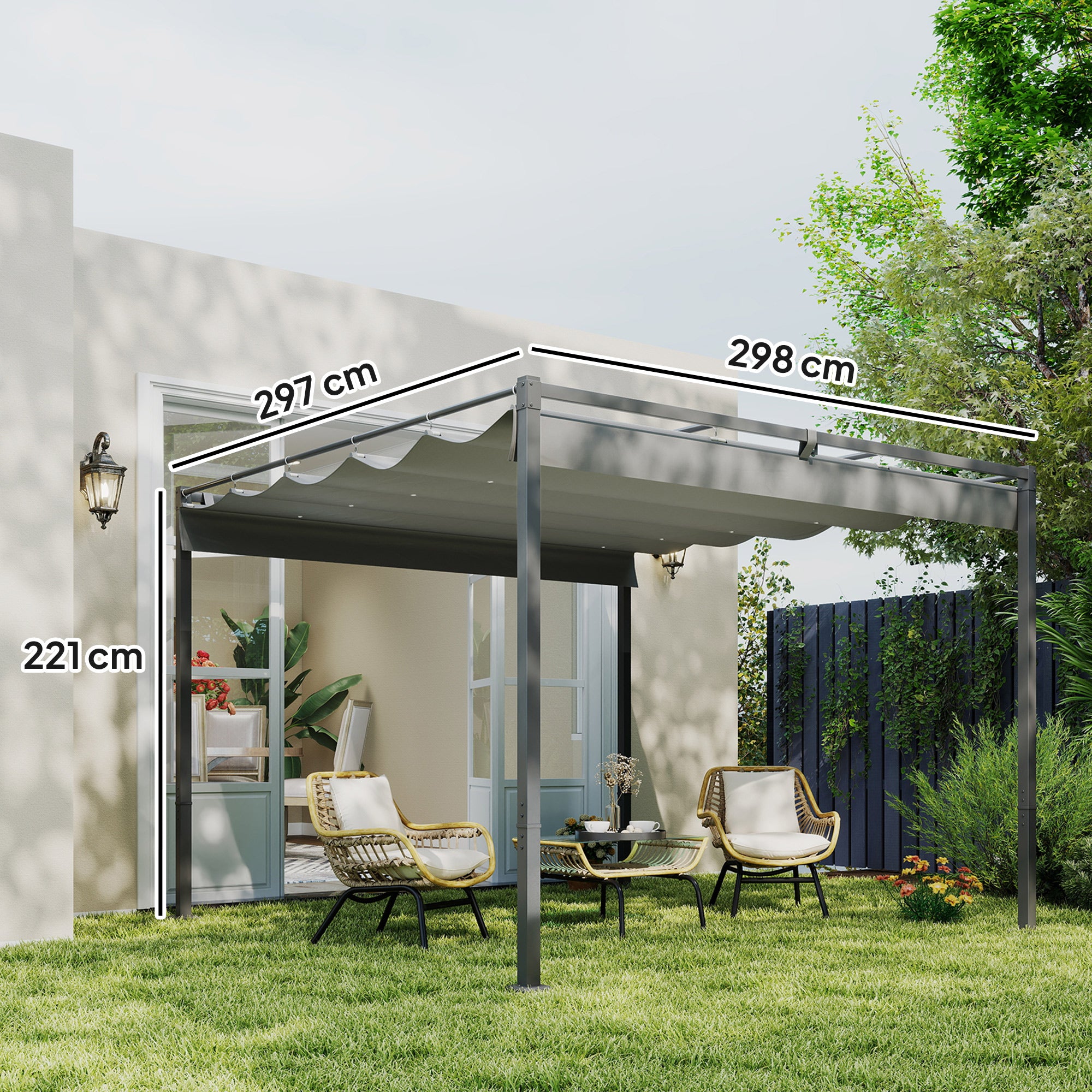 Solarias Pergola Rétractable Coulissante 3 x 3 m tonnelle de Jardin à fixation magnétique Tissu Polyester Haute densité gris
