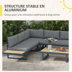 Solarias Ensemble salon de jardin d'angle design 5 places coussins table basse alu. gris anthracite et imitation bois