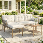 Solarias Salon de jardin d'angle 4 pers. 3 pièces avec 1 table basse coussins grand confort inclus résine tressée crème