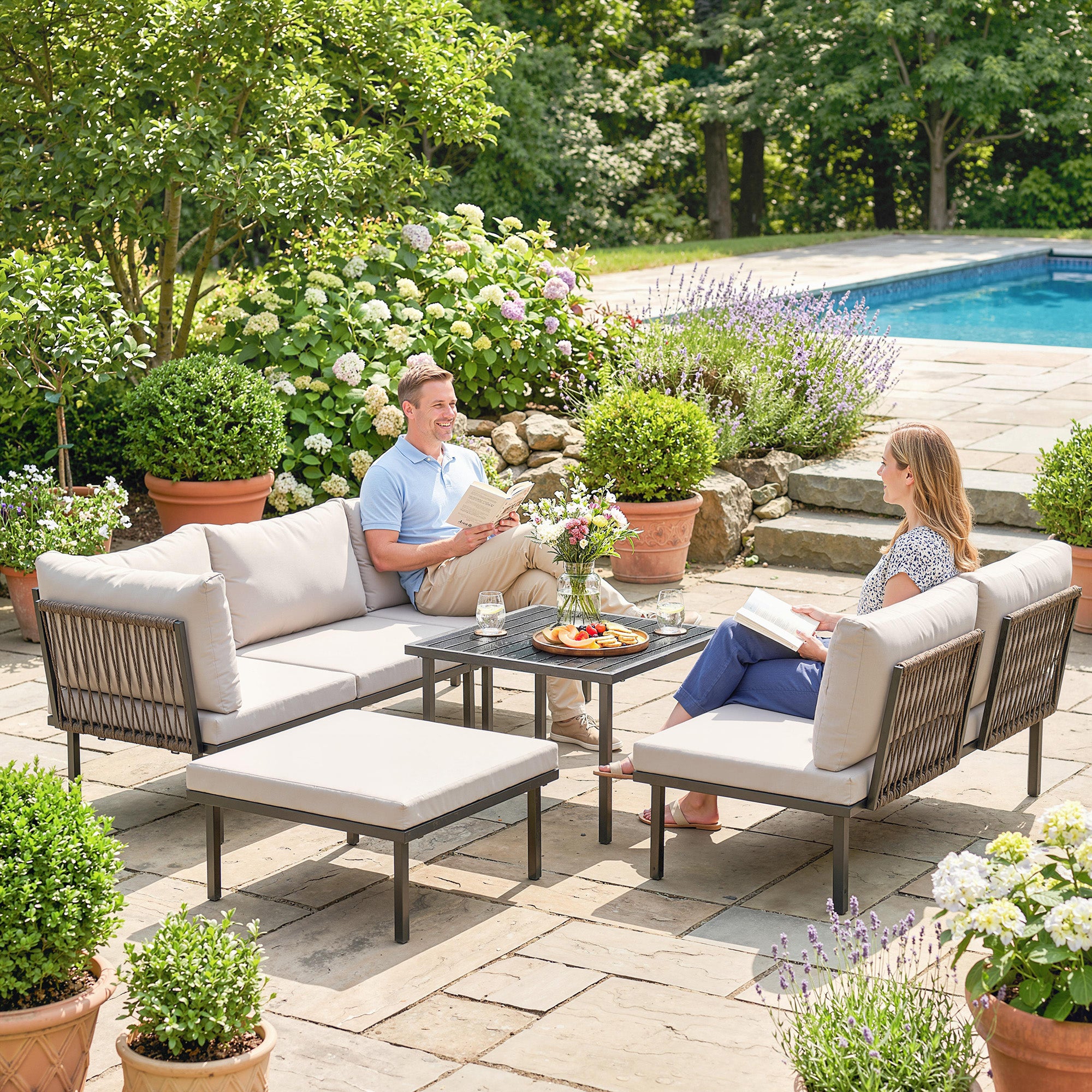Solarias Ensemble lounge de jardin 5-6 personnes Set lounge avec canapé 2 places, 2 chaises, fauteuil d'angle, table à lames
