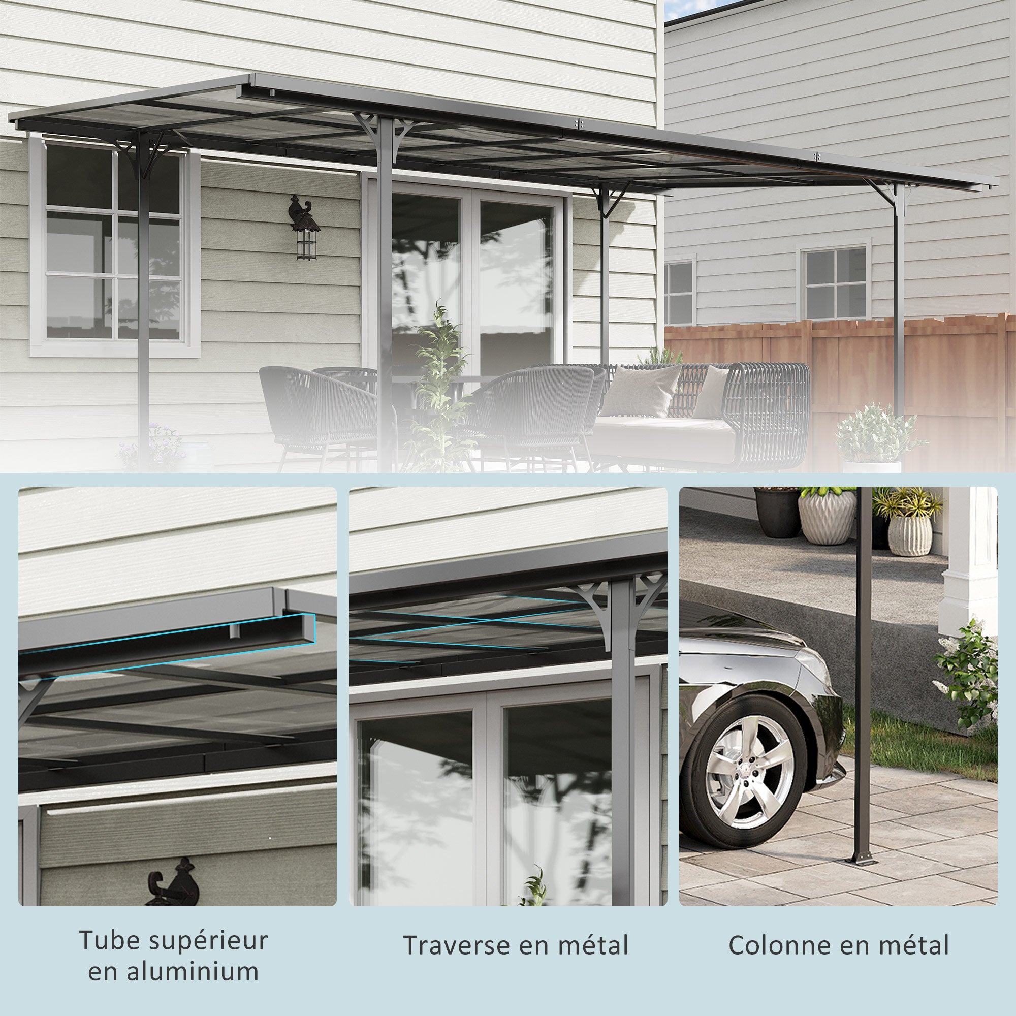 Solarias Pergola rigide alu. polycarbonate pavillon de jardin abri de voiture 500 x 299 x 195/223 cm gris