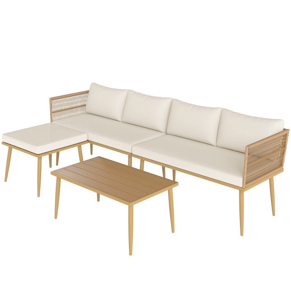 Solarias Salon de jardin extérieur en résine tressée 5 places modulable 2 canapés, pouf et table basse, coussins inclus, crè