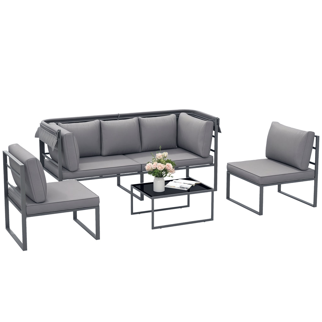 Solarias Salon de jardin extérieur 4 pièces modulaire avec canapé, fauteuil et table basse en verre trempé, coussins inclus,