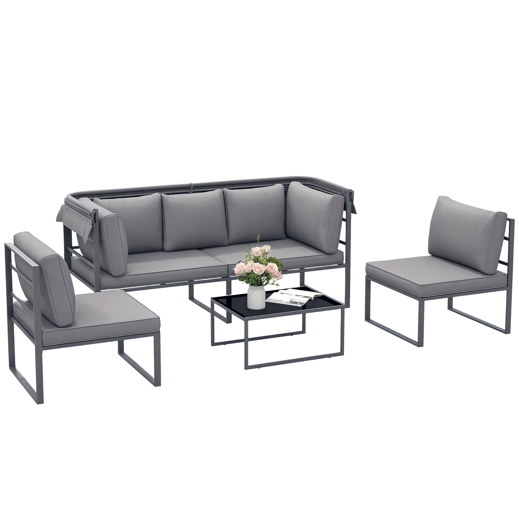 Solarias Salon de jardin extérieur 4 pièces modulaire avec canapé, fauteuil et table basse en verre trempé, coussins inclus,