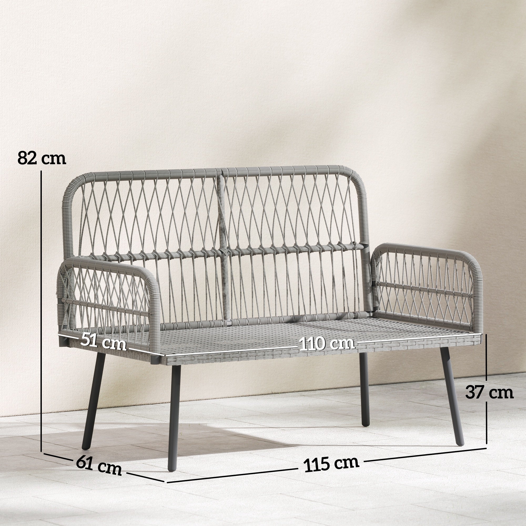 Solarias Canapé de jardin avec coussins et oreillers 2 places en résine tressée, canapé d'extérieur avec accoudoirs gris fon