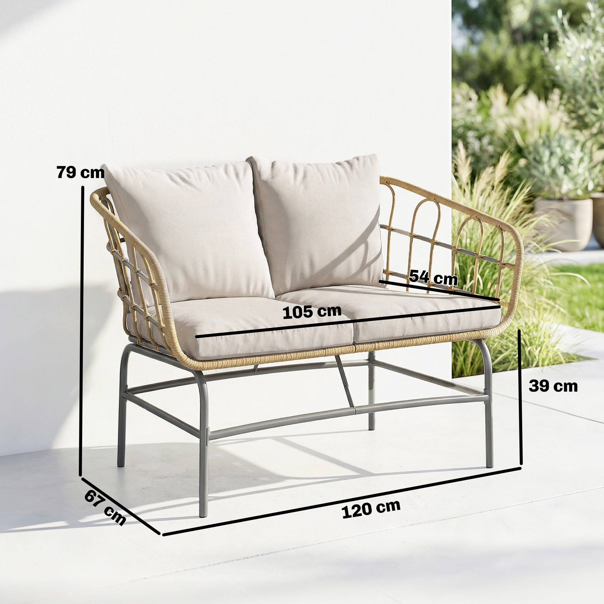 Solarias Canapé de Jardin 2 Places en Résine Tressée Coussins Épais Anti-glisse 120 x 67 x 79 cm Marron