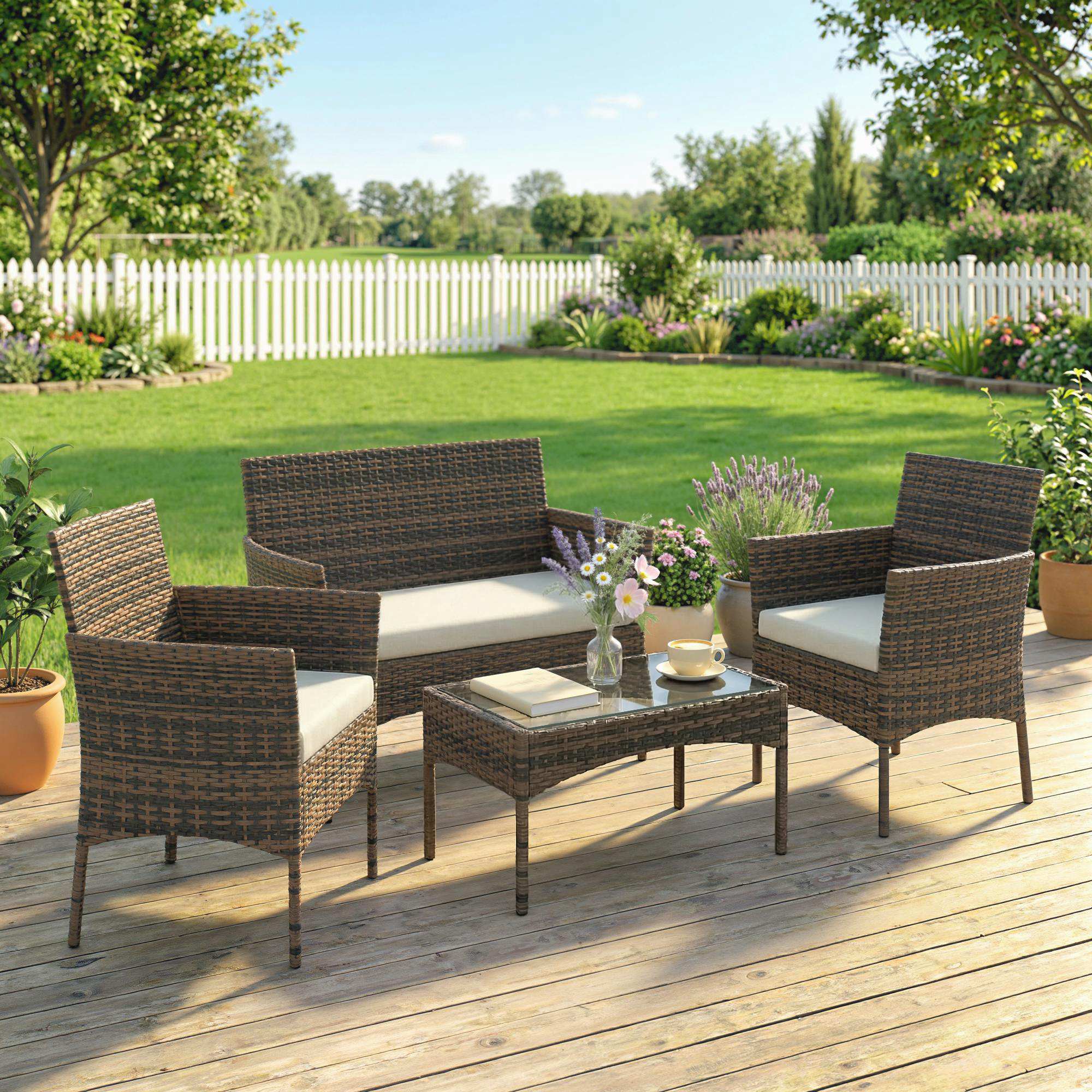 Solarias Salon de jardin extérieur 4 personnes en résine tressée avec canapés et table basse en verre trempé coussins inclus
