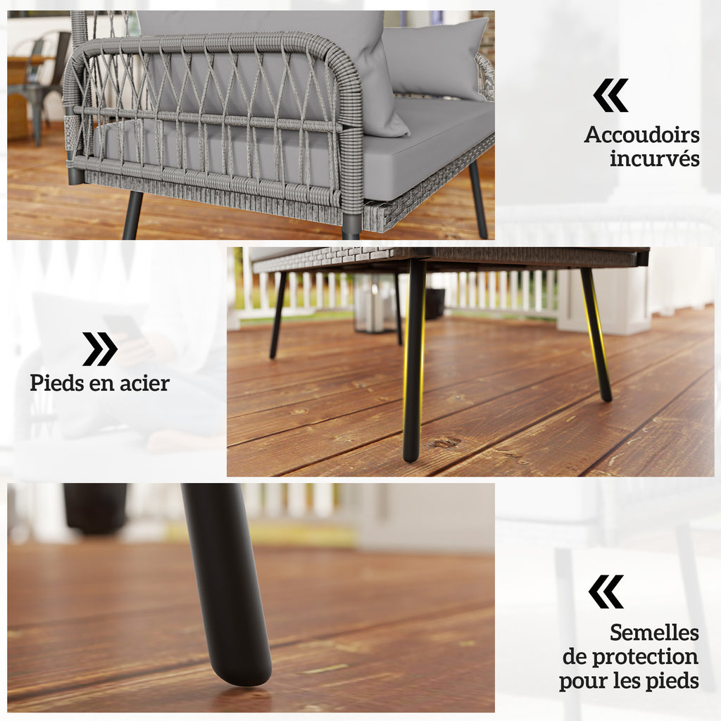 Solarias Canapé de jardin avec coussins et oreillers 2 places en résine tressée, canapé d'extérieur avec accoudoirs gris fon