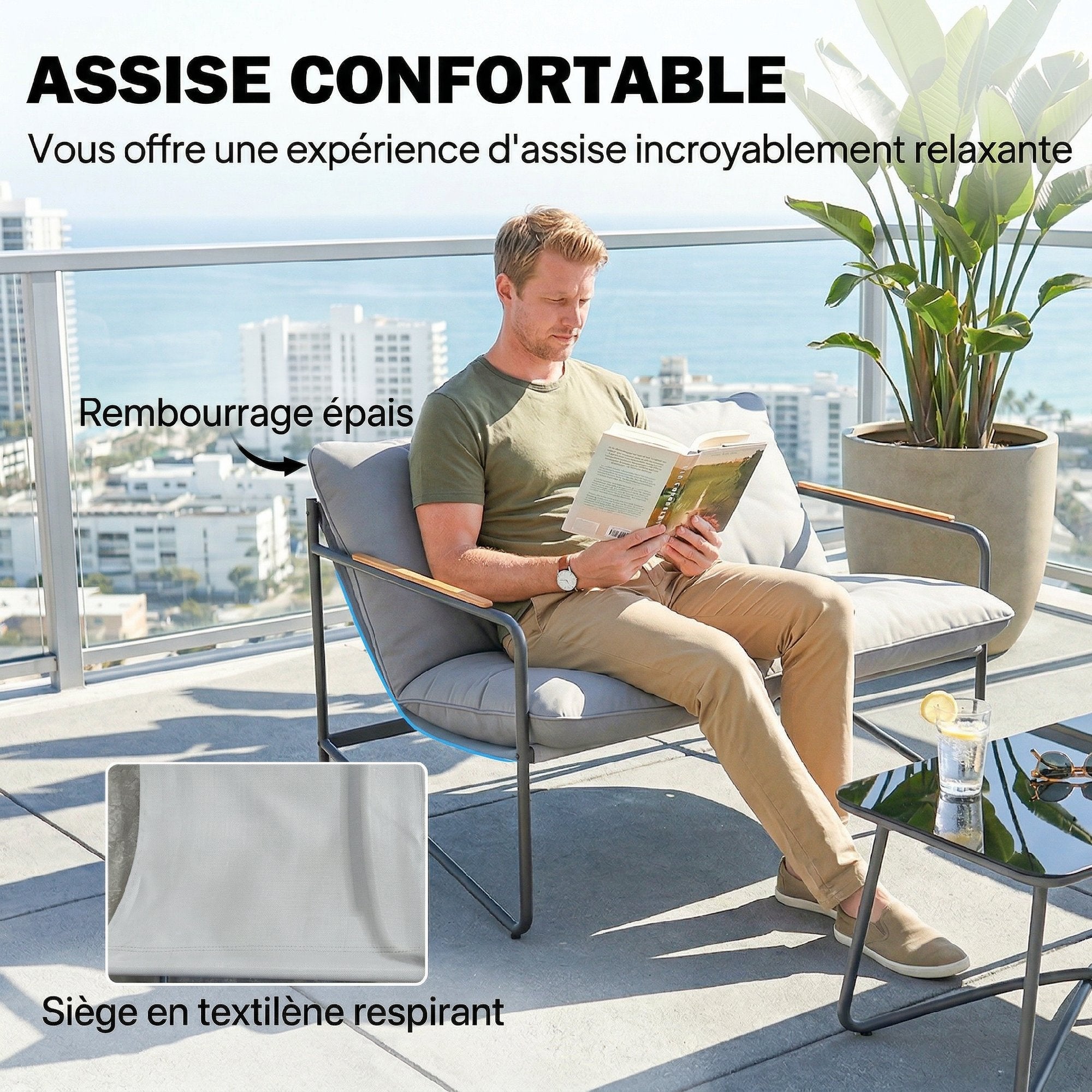 Solarias Salon de Jardin 4 Pièces Ensemble avec Canapé 2 Places, 2 Fauteuils et Table Basse Verre Trempé Coussins 13cm Gris 