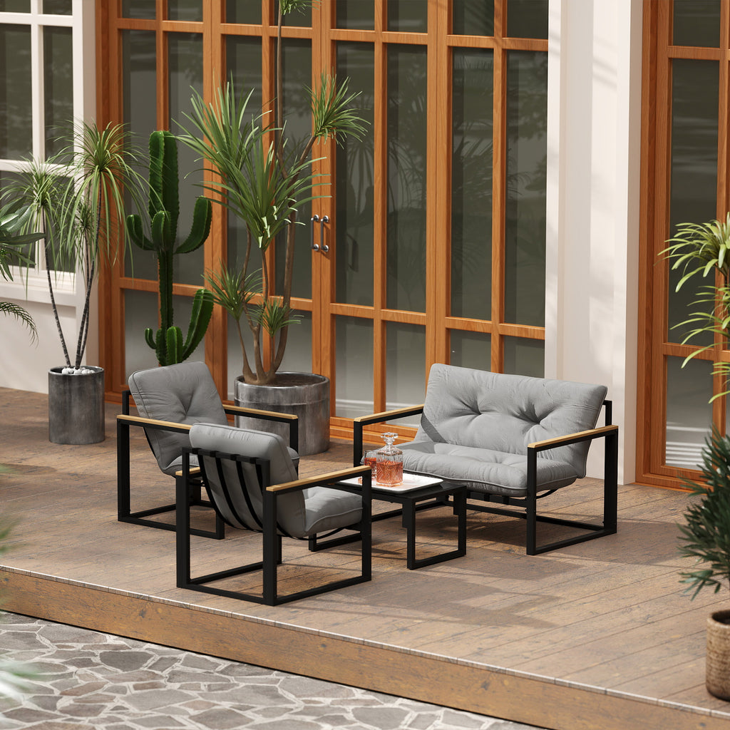 Solarias Salon de jardin extérieur 4 personnes avec canapé, 2 fauteuils et table basse en verre trempé, coussins inclus, gri