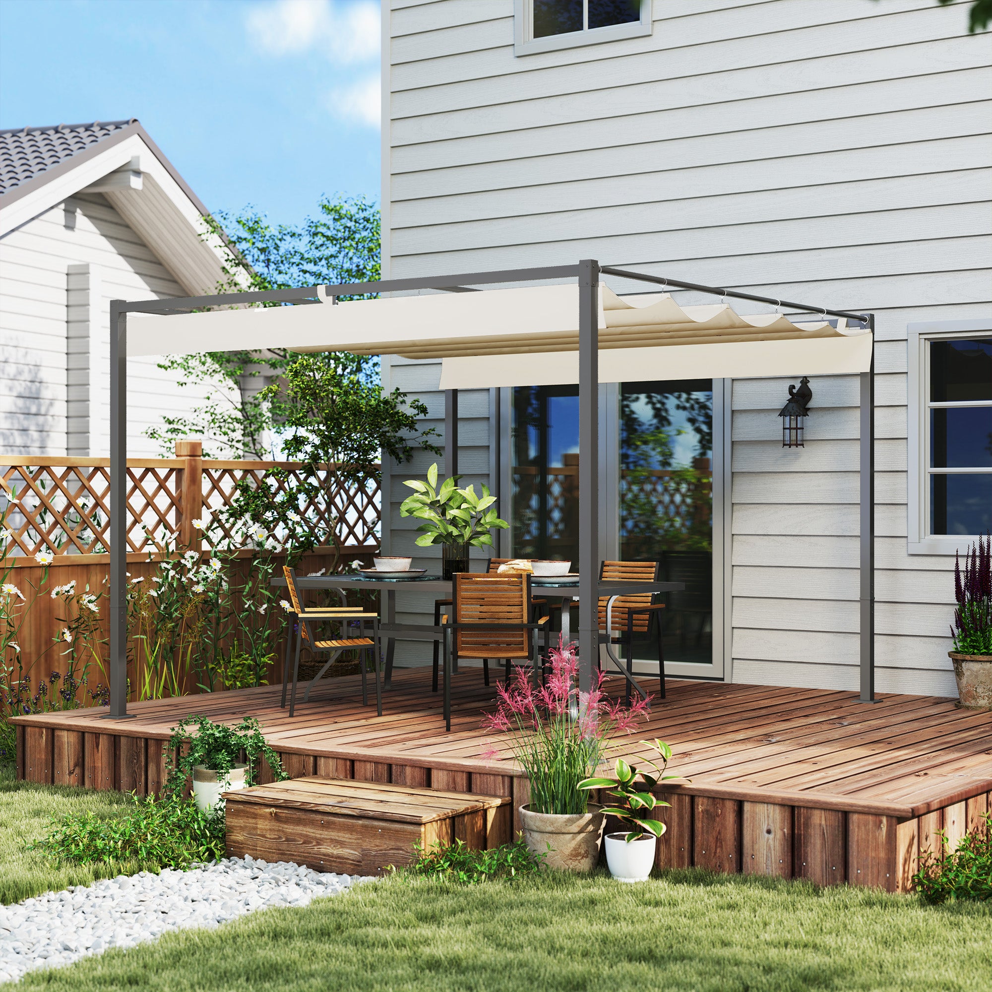 Solarias Pergola de jardin 3 x 3 m avec auvent rétractable, pavillon, toile pour l'ombre, UPF30+, Beige
