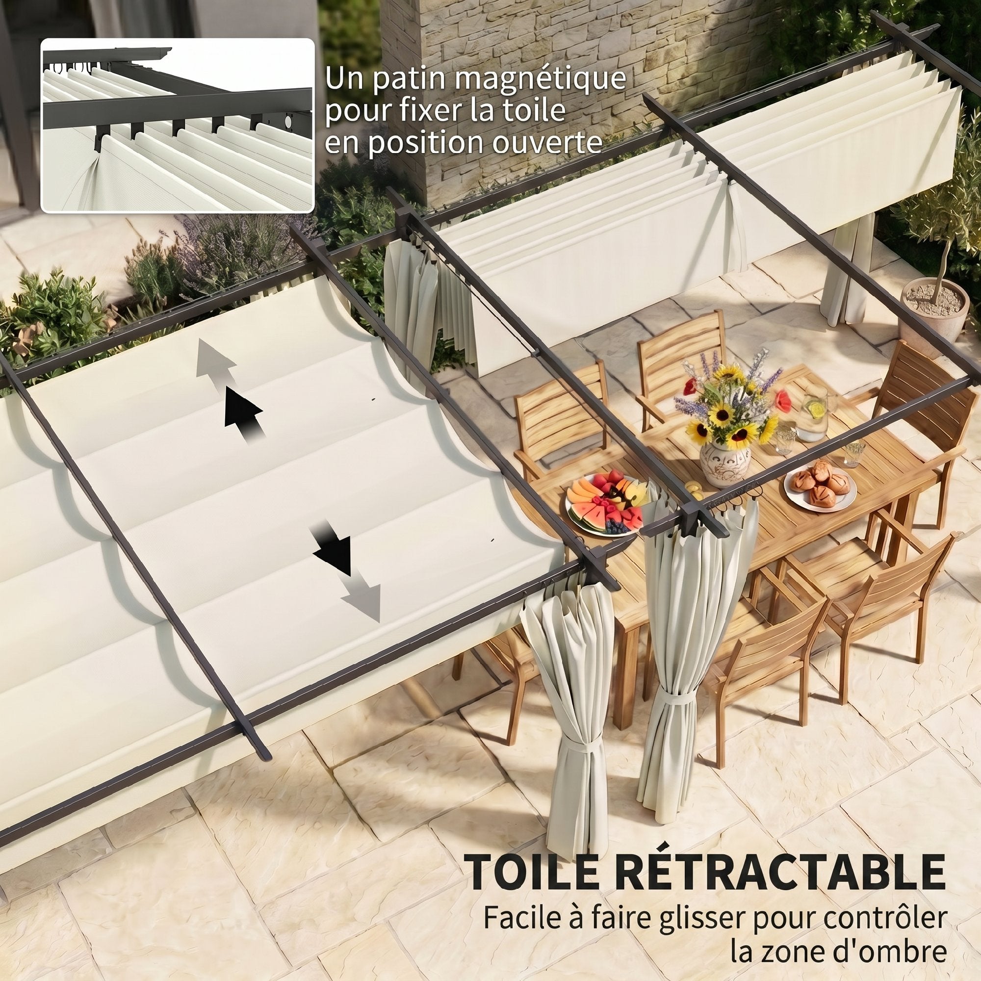 Solarias Pergola de jardin exterieur 3 x 4 m, toit rétractable et rideaux, anti-UV UPF30+, pour barbecue, patio, terrasse, c