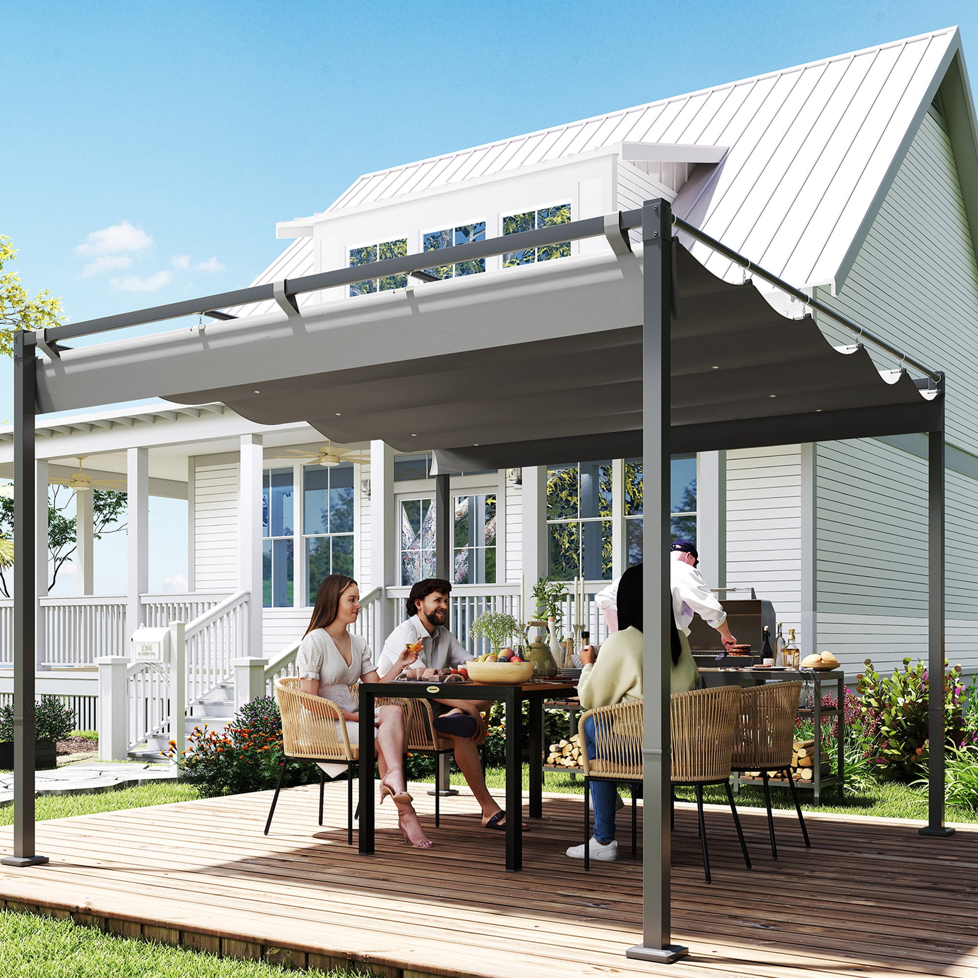 Solarias Pergola Rétractable Coulissante 3 x 3 m tonnelle de Jardin à fixation magnétique Tissu Polyester Haute densité gris