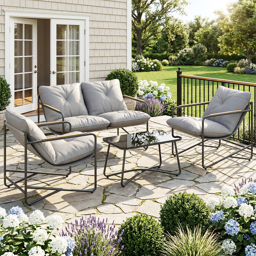 Solarias Salon de Jardin 4 Pièces Ensemble avec Canapé 2 Places, 2 Fauteuils et Table Basse Verre Trempé Coussins 13cm Gris 