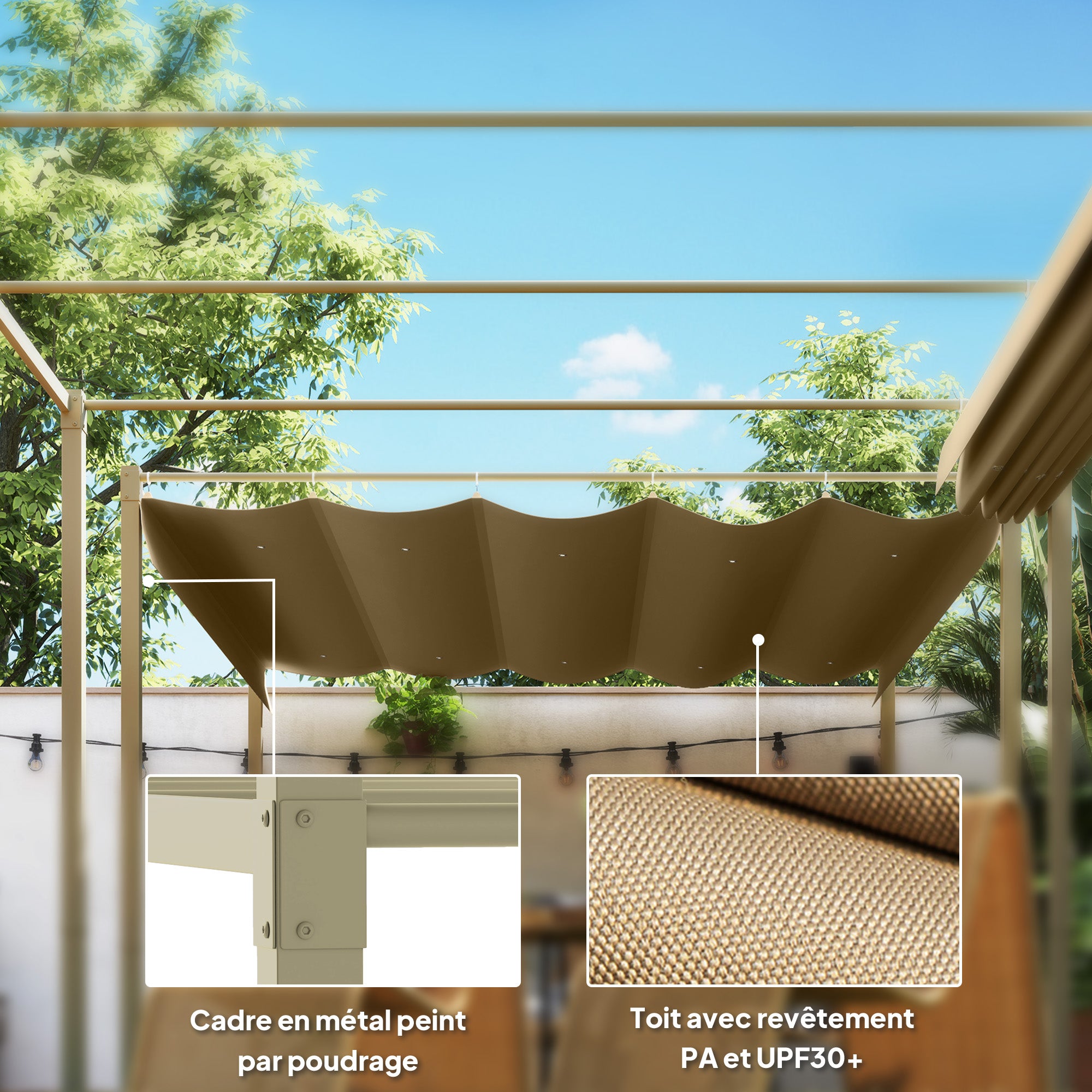 Solarias Pergola de jardin 3 x 3m avec toit rétractable et fixation magnétique, auvent de protection solaire, UPF30+, kaki