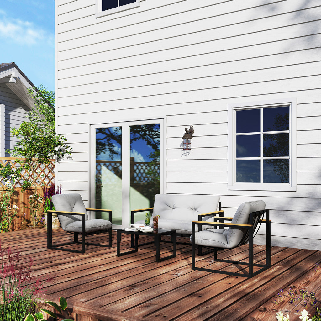Solarias Salon de jardin extérieur 4 personnes avec canapé, 2 fauteuils et table basse en verre trempé, coussins inclus, gri