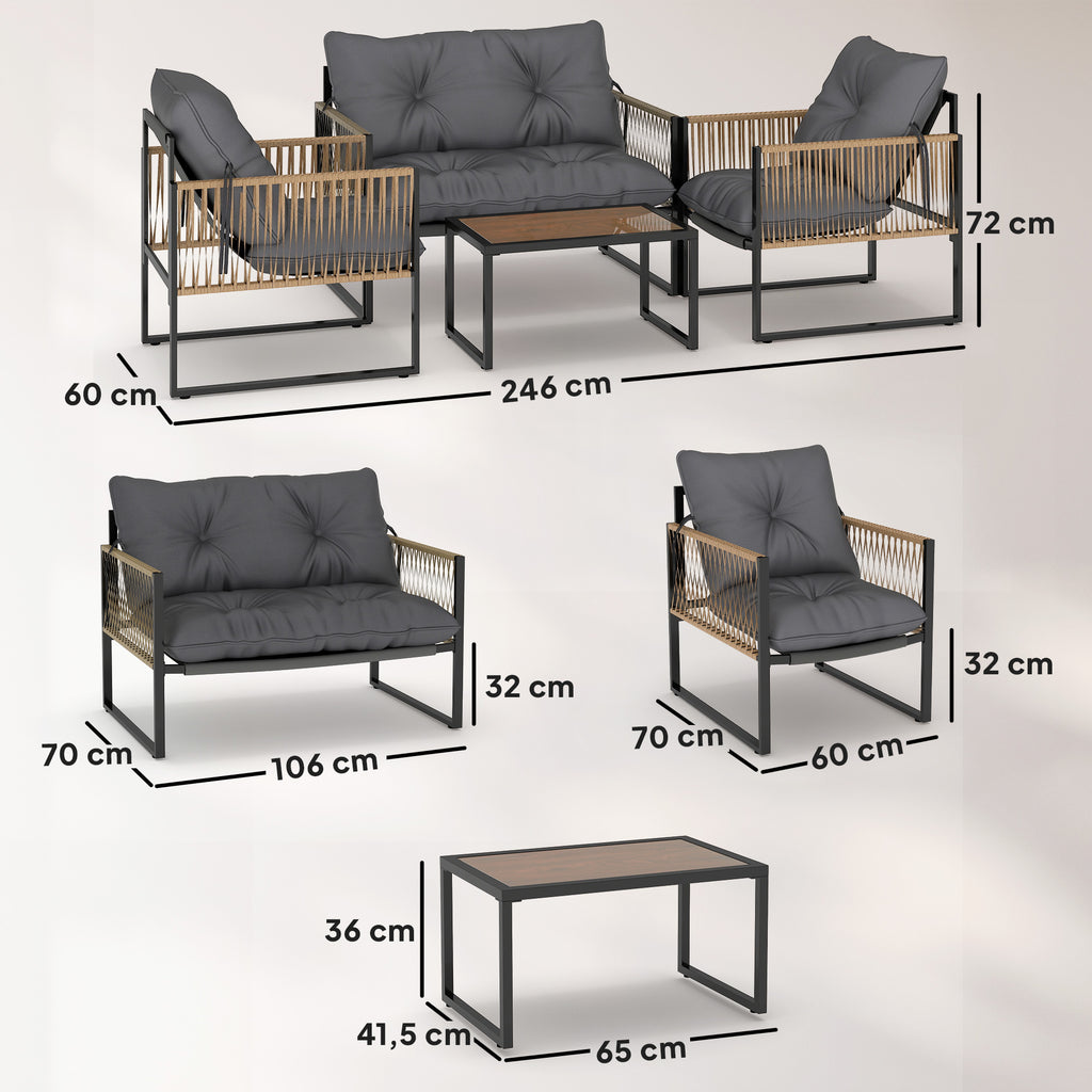 Solarias Ensemble salon de jardin 4 pièces canapé 2 places 2 fauteuils et 1 table basse plateau verre trempé 3 coussins - gr
