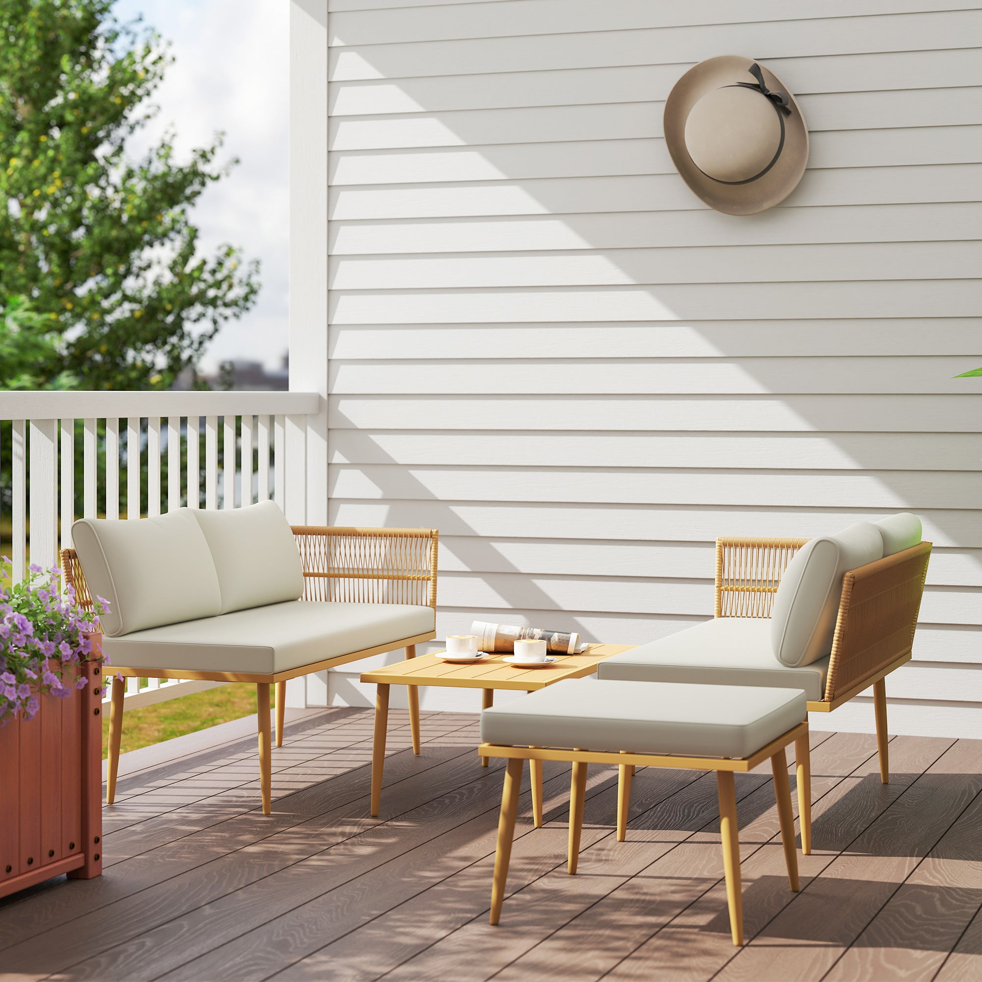 Solarias Salon de jardin extérieur en résine tressée 5 places modulable 2 canapés, pouf et table basse, coussins inclus, crè