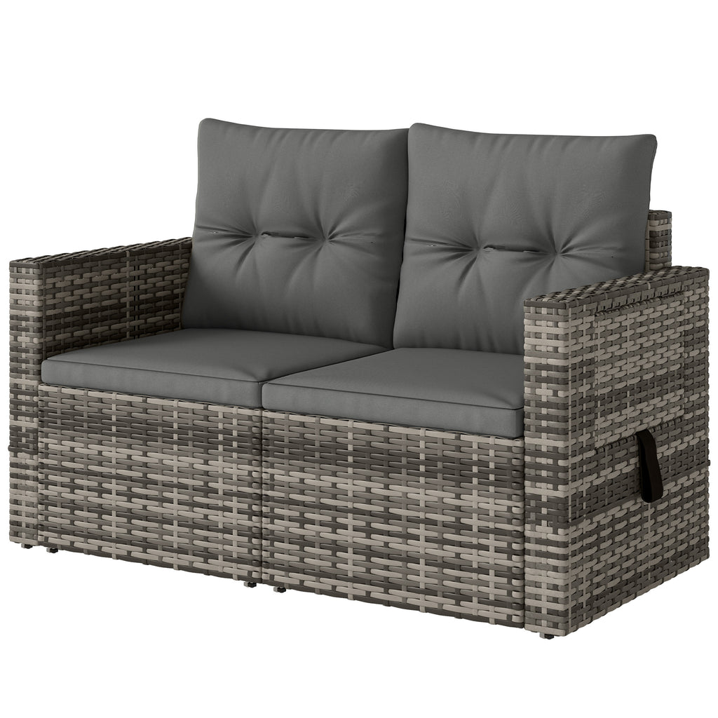 Solarias Canapé 2 places en rotin avec coussins Pliable Plateaux latéraux Sofa lounge Gris clair