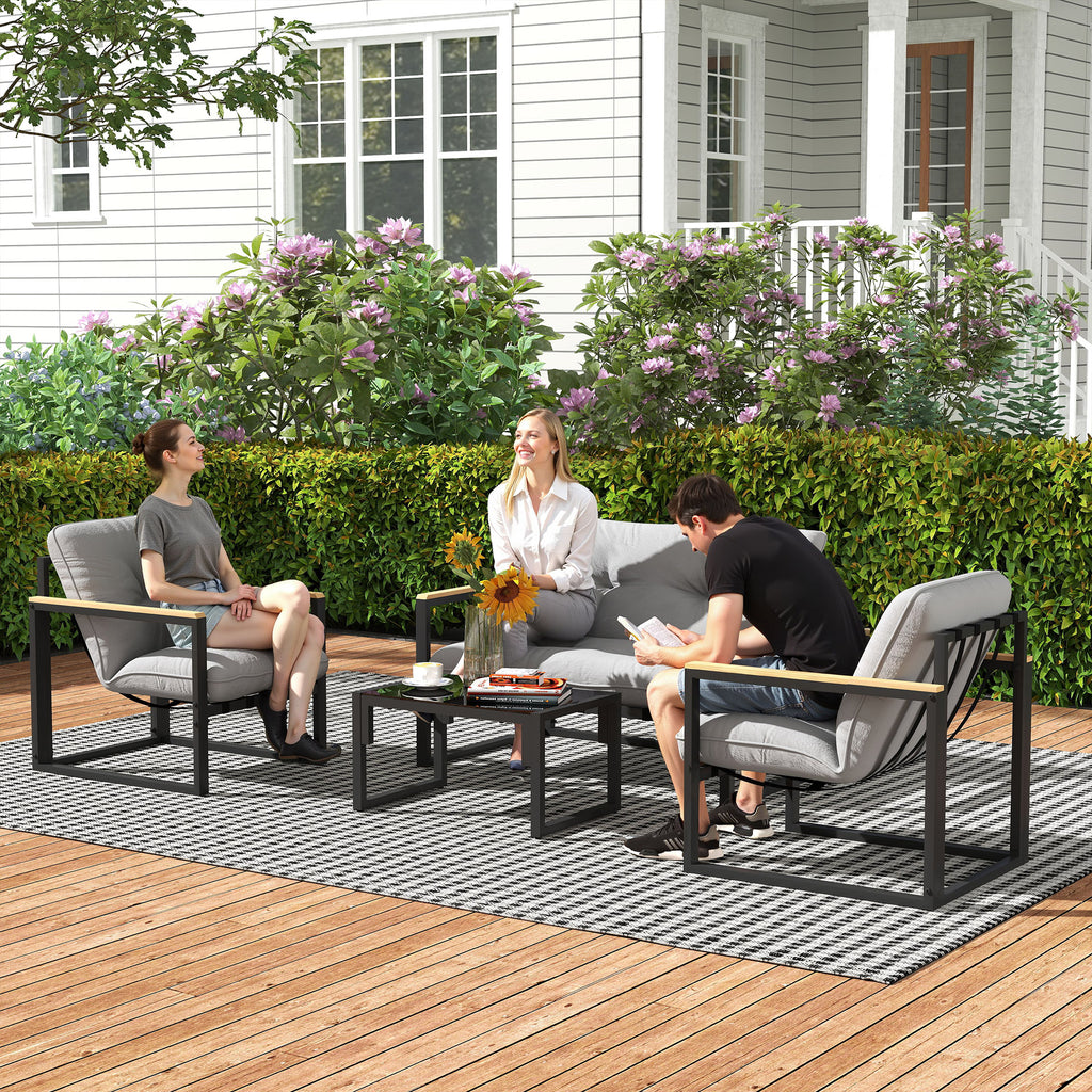 Solarias Salon de jardin extérieur 4 personnes avec canapé, 2 fauteuils et table basse en verre trempé, coussins inclus, gri