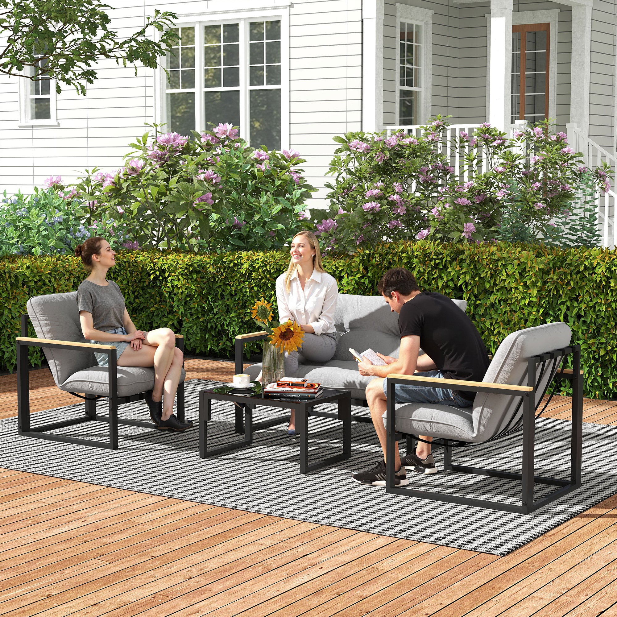 Solarias Salon de jardin extérieur 4 personnes avec canapé, 2 fauteuils et table basse en verre trempé, coussins inclus, gri